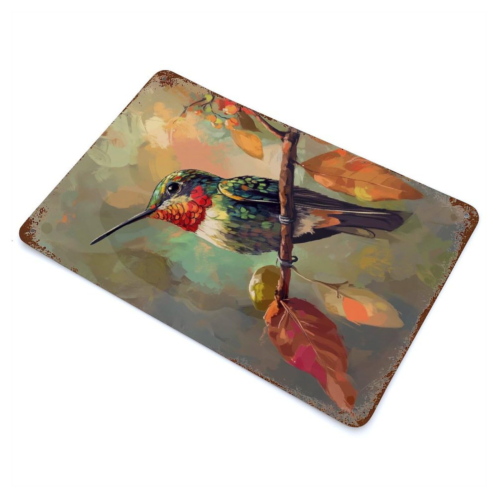 Garage Style Hummingbird on Branch Vintage Rust Metal Sign 11.8"x7.9", Retro Wall Decor for Bar And Workshop