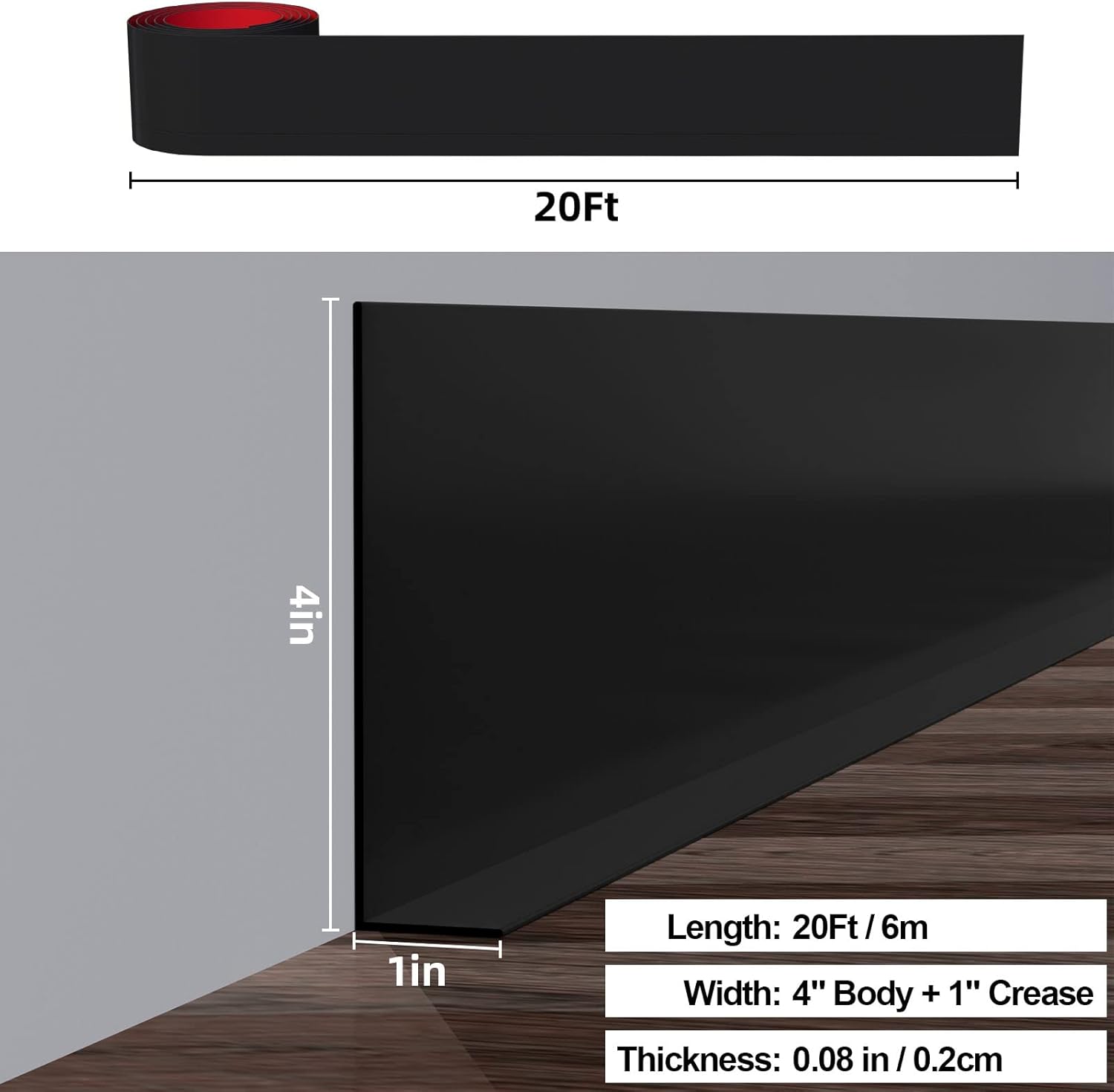 duzzy flexible baseboard molding trim, 5 inch(w) x 20 feet(l) peel and stick rubber wall trim molding, self-adhesive vinyl wall base cove base 5 inch x 20 feet black