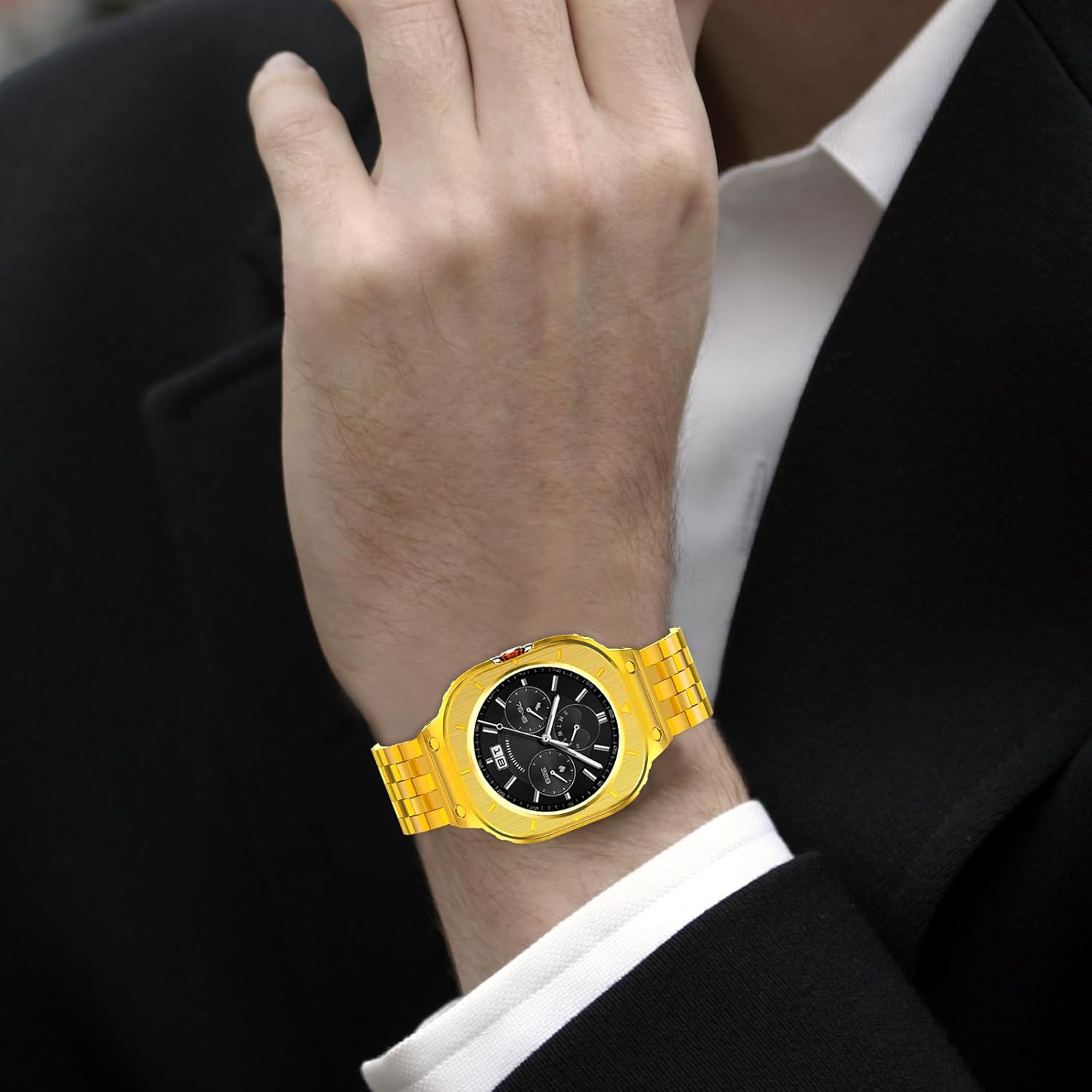 HASLFM Stainless Steel Case and Bands Compatible with Samsung Galaxy Watch Ultra 2/1 47mm (2025 2024), Rugged Metal Protective Cases Band for Galaxy Watch 7 8 Ultra for men (Gold)