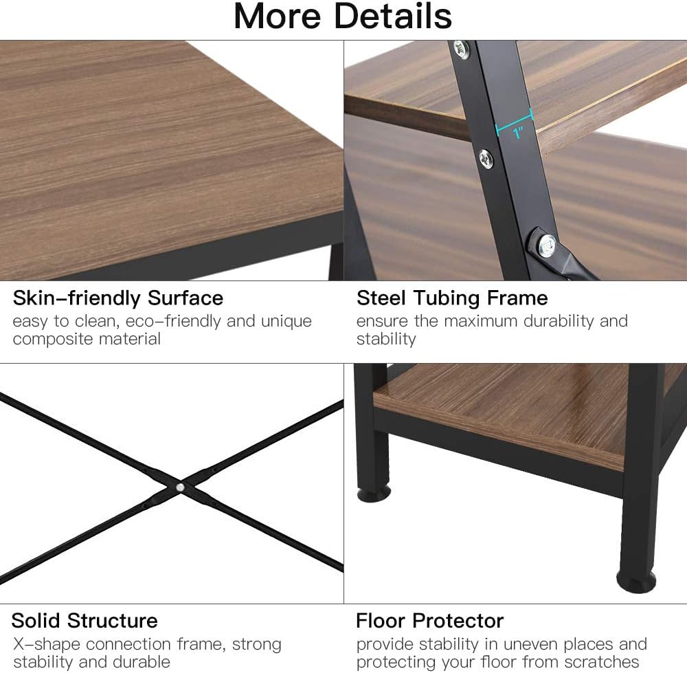 Close-up details of the desk surface, steel tubing frame, X-shape structure, and floor protectors.