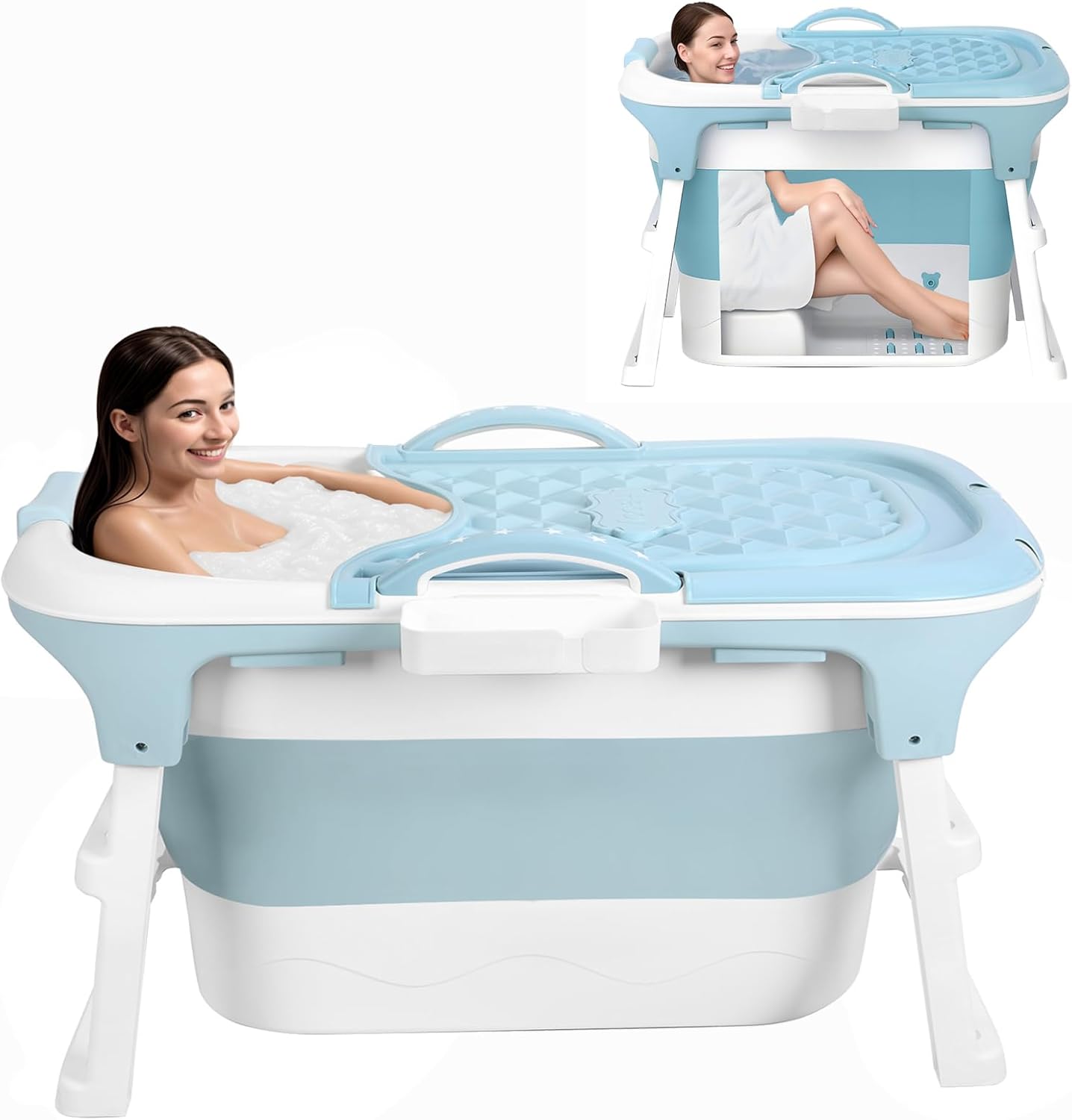 Portable Bathtub Foldable Bathtub for Adults, 39 Inch Small Tub with Ergonomic Seat & Massage Roller, Ice Bath Tub for Shower, Sitz Bath, Ice Baths Freestanding Bathtubs for Bathroom Blue