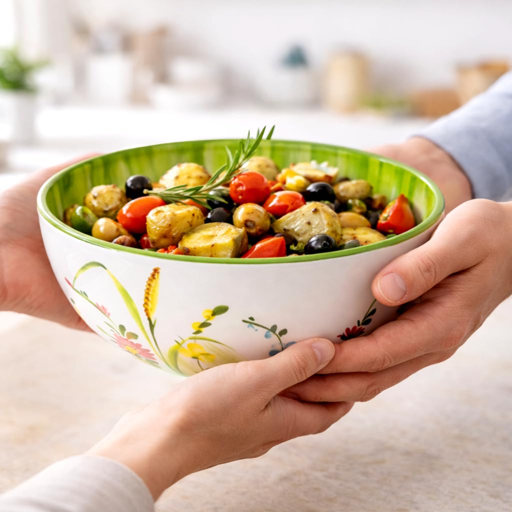 Lashuma Handgemachte Salatschüssel mittel, Italienische Keramik Schüssel mit Blumenwiesen Muster, Salat Schale Rund 22 cm