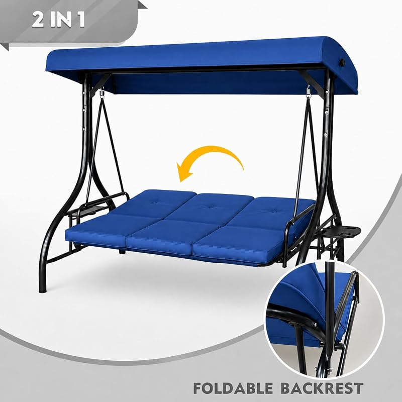 Garvee 3-Seat Outdoor Porch Swing with Adjustable Canopy, Blue image 4