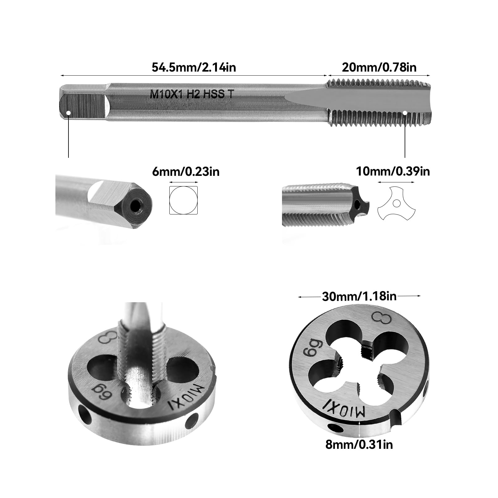 Maschio per filettatura metrica M10 X 1, maschio per filettatura HSS filiera M10 filettatura fine maschio per filettatura esterna dritto scanalato maschio per filettatura