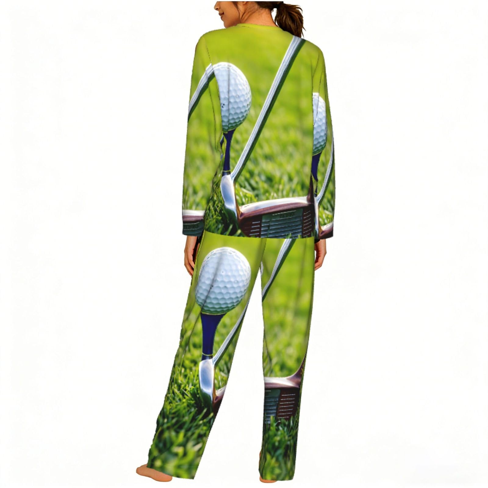 Set pigiama a maniche lunghe da donna con stampa campo da golf morbido lounge elastico leggero comfort pigiameria