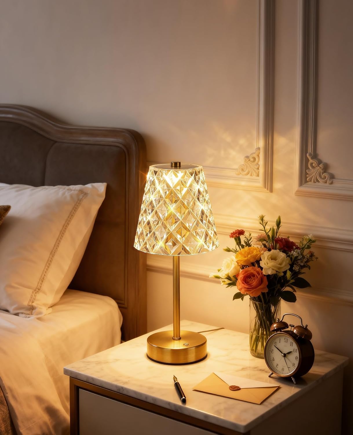 TechPride Crystal Table Lamp, Rechargeable, Gold, 3 Colour Temperatures, Stepless Dimming, Touch Control, Cordless Bedside Lamp (TBL1)-image-7