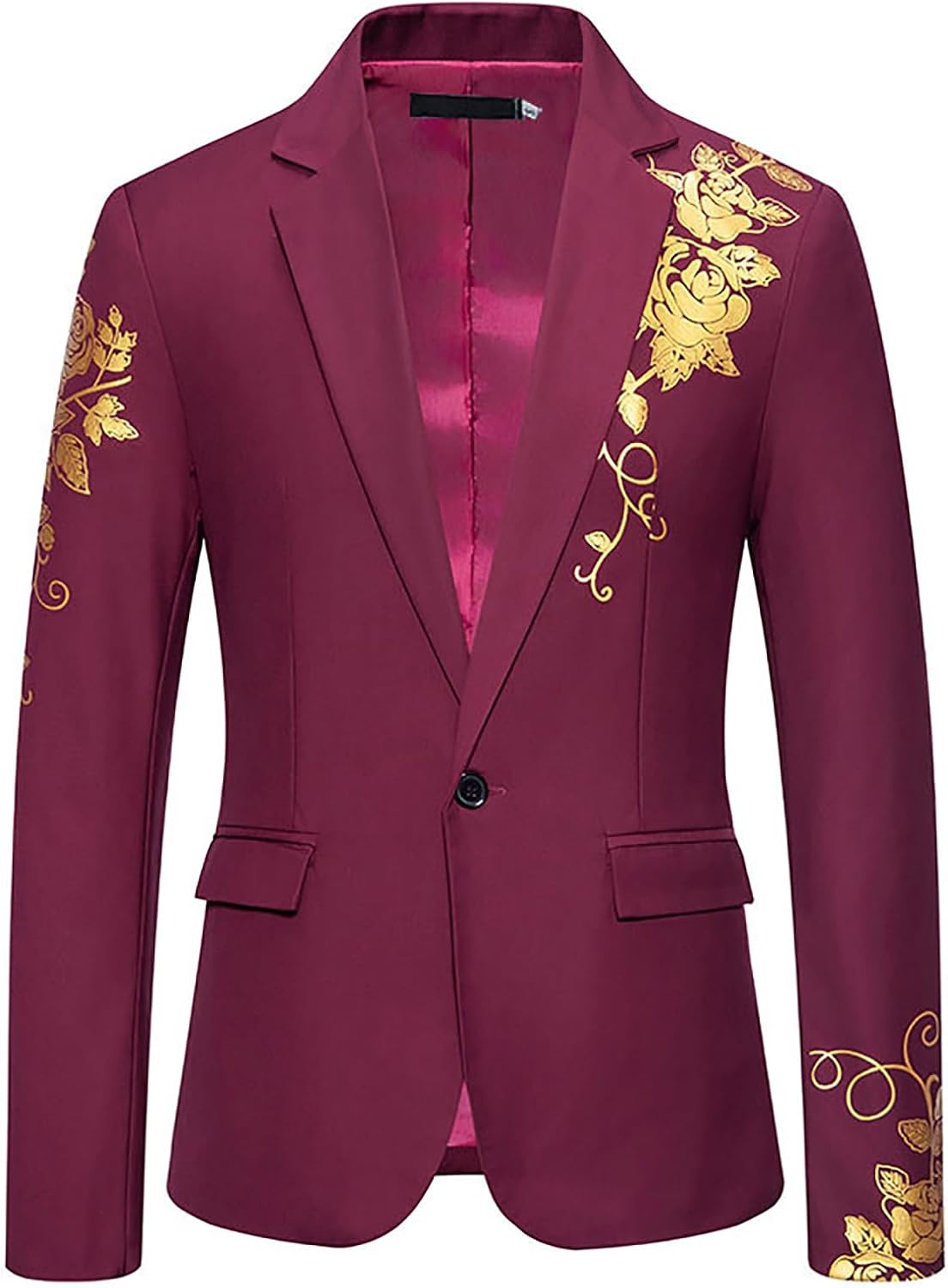 Mens Golden Rose Floral Pattern Tuxedo Notch Lapel One Button Blazer Dinner Formal Party Prom Wedding Suit Jacket