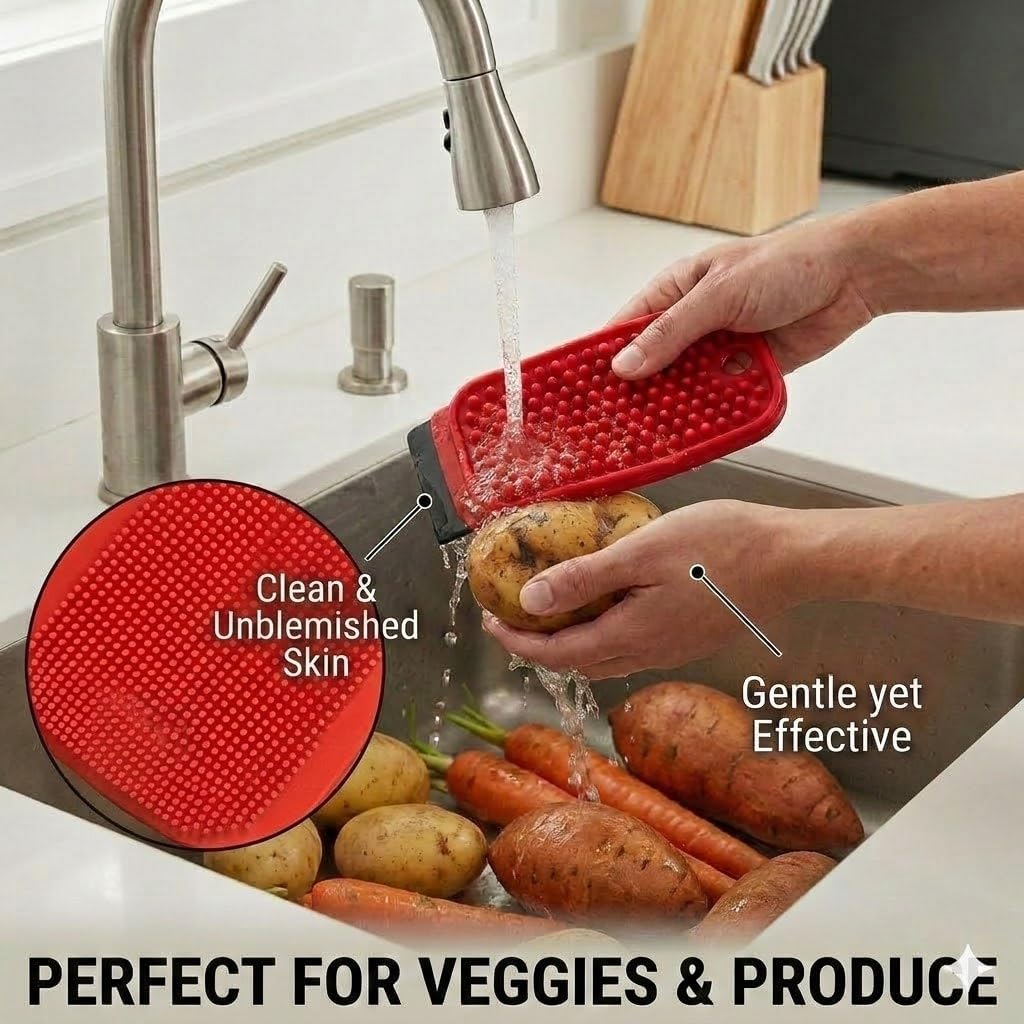3-in-1 Silicone Dish Sponge - BPA-Free Food-Grade Cleaning Brush with Dual-Sided Scrubber & Scraper, Hanging Hole Fast-Dry Reusable for Dishes/Fruits/Vegetables (Red 1PCS)