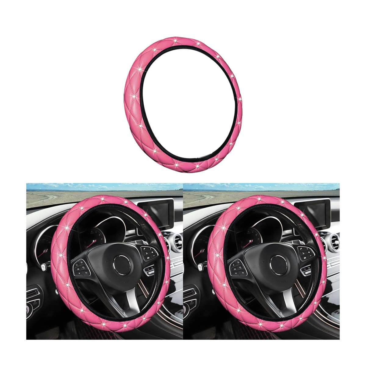 Lenkradbezug Leder Glitzer Rosa – Universal Für 37-38cm Lenkräder, Diamantbesetzt, Rutschfest, Elastisch