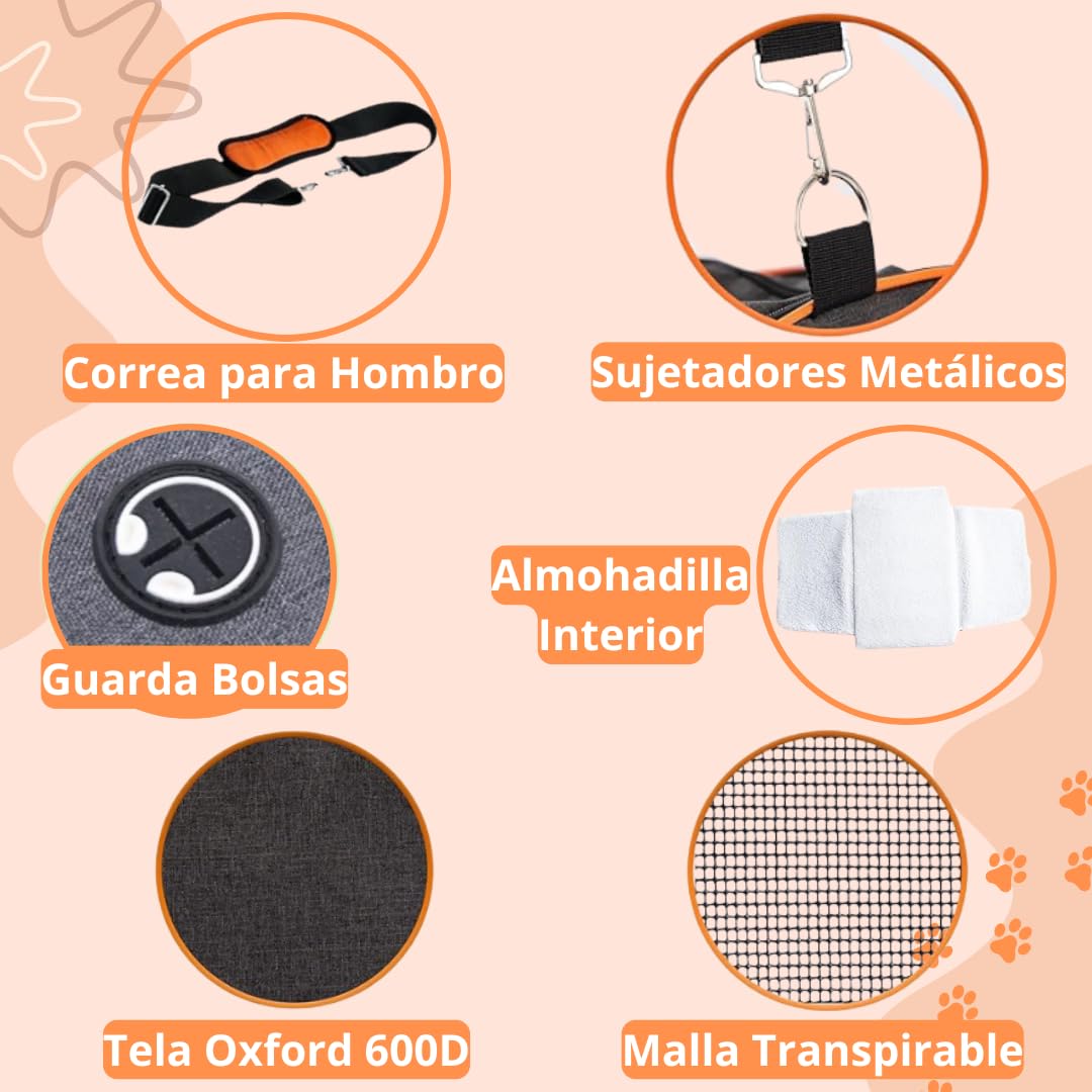 Pet's Hub Place, Transportin Gato Perro Pequeño, Bolso, Peso Máximo 7kgr, Tamaño 48X31X31cm, Extensible 75cm, Impermeable, Cojín Acolchado, Uso Interior/Exterior, +2 Comederos