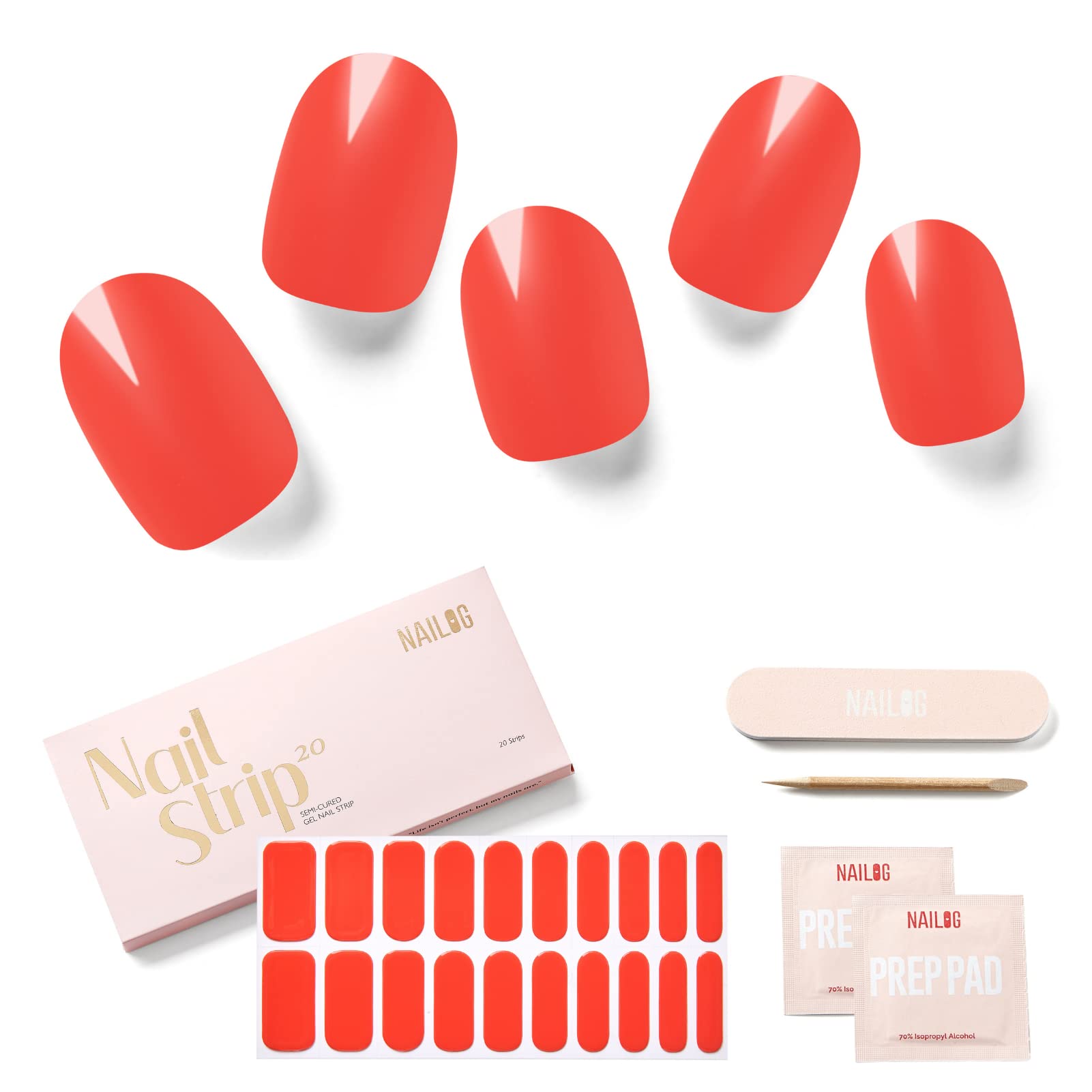 NAILOG Semi Cured Gel Nail Strips 20Pcs Gel Nail Stickers - Watermelon Red