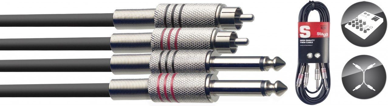 Stagg 6m 2 x Phono/RCA - 2 x 1/4" Jack Twin Cable Lead STC6PCM
