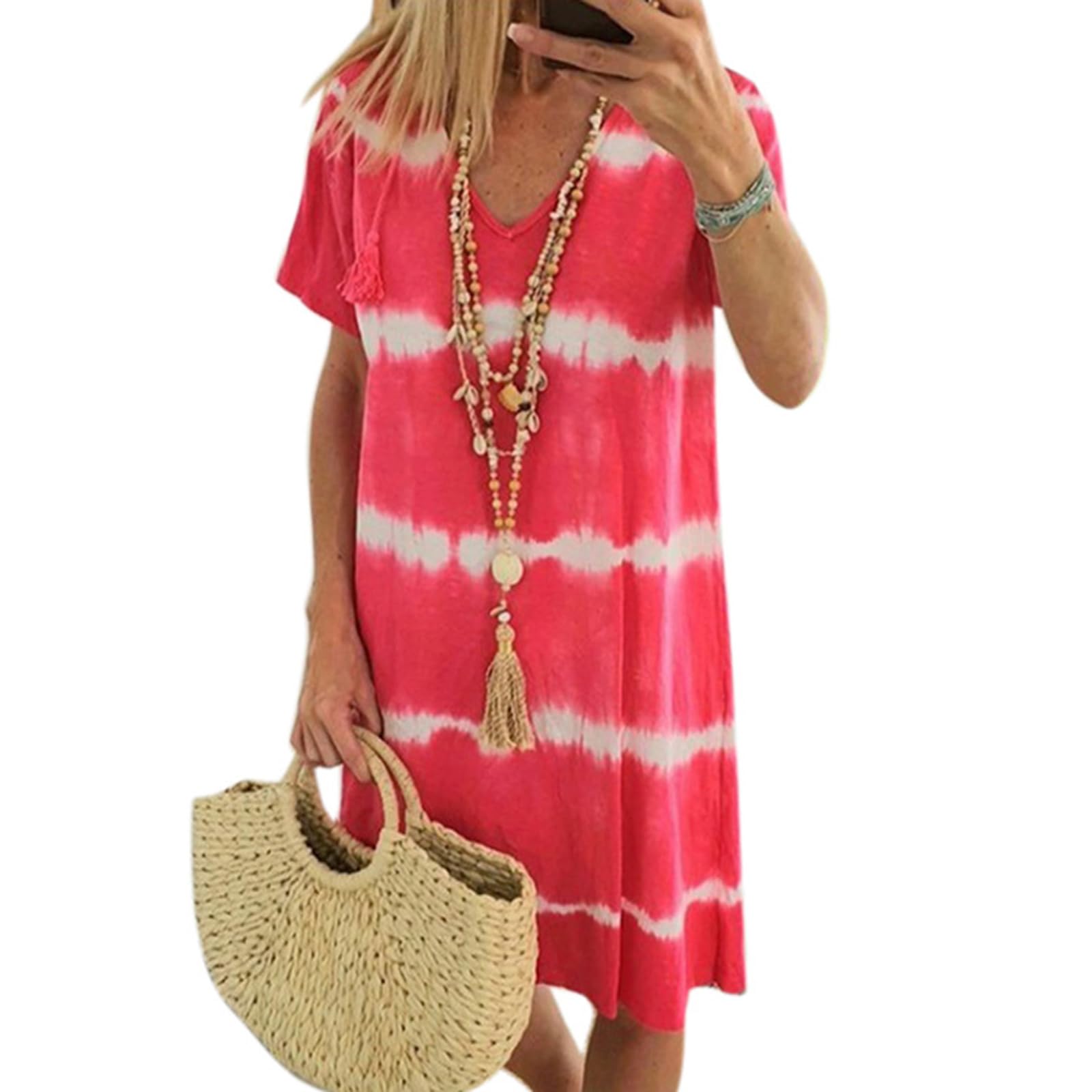 BIUBIULOVE Vestido De Camiseta Suelto De Manga Corta A Rayas Tie-Dye,Vestidos Midi De Manga Corta De Verano para Mujer 2024,Vestidos Midi De Playa con Cuello En V