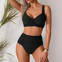 Conjunto de biquíni feminino, 2 peças, frente torcida, modesto, grande, busto, acolchoado, cintura alta, franzido