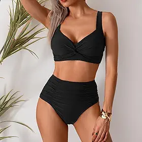 Conjunto de biquíni feminino, 2 peças, frente torcida, modesto, grande, busto, acolchoado, cintura alta, franzido