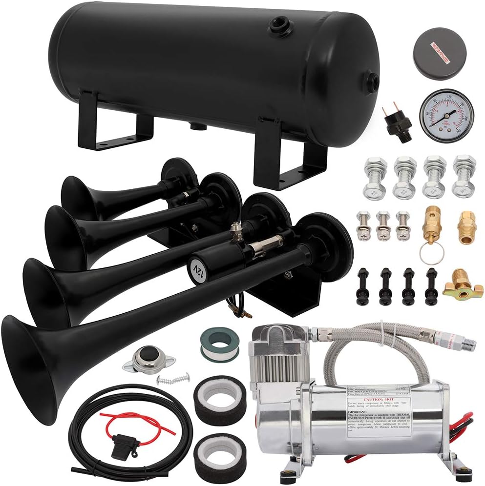 Air Horn Kit, 4 Trumpet Electric Train Car Horn Kit with 150PSI Air Compressor 1.5 Gal Tank Hose Pressure Switch for Any 12V Vehicles