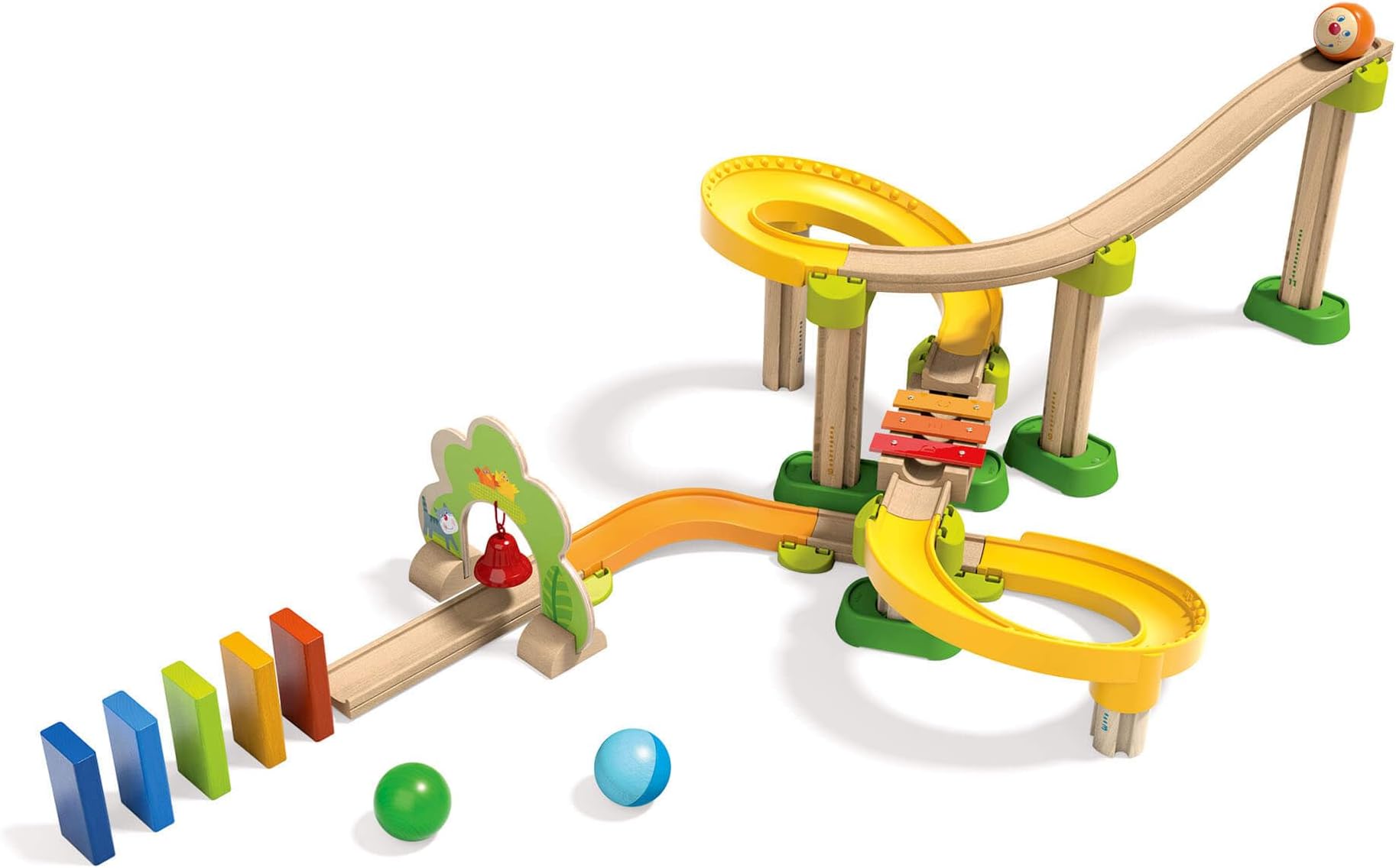 Kullerbu Sim-Sala-Kling - 38 Piece Wooden & Plastic Train Track Set for Balls with Musical Effects and Domino Blocks