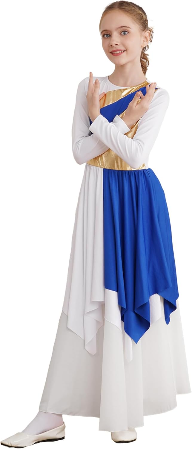 Kids Girls Long Sleeves Metallic Chiffon Lyrical Dance Dress Church Praise Tunic Overlay Dress