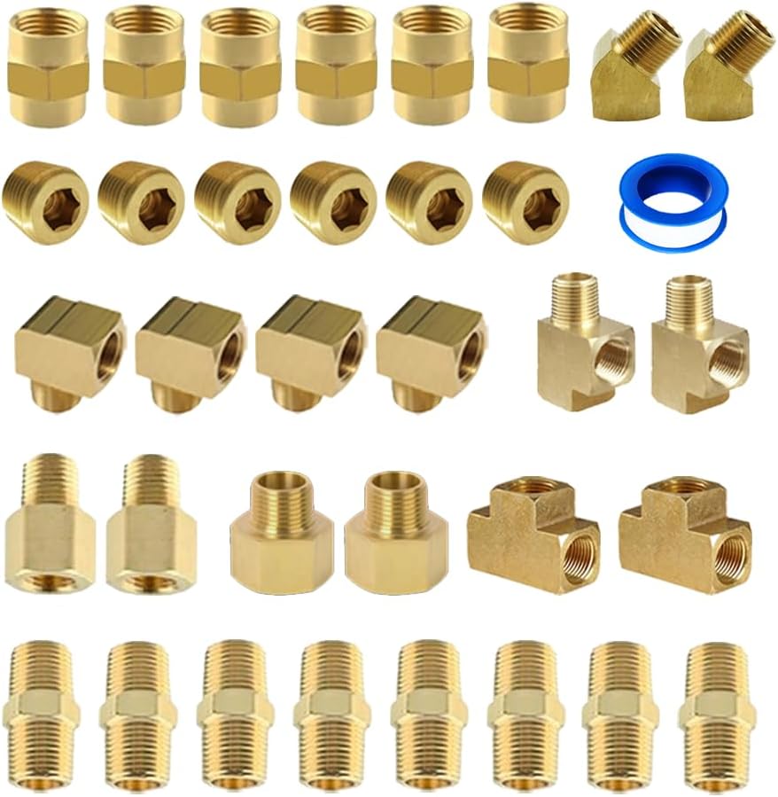 Brass Fittings Assorted 1/8" NPT Kit, 35pcs Female Tee, Coupler, Pipe Plug, Extension, Reducing Adapter, Metric Hex Nipple, Street Tee, 90 and 45 Degree Street Elbow