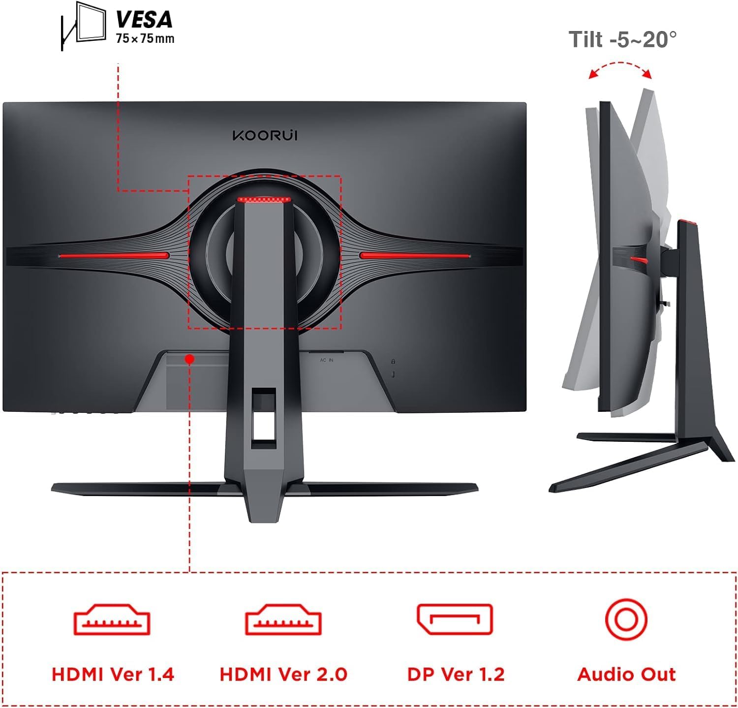 KOORUI 27E1QA Gaming Monitor 27 Pulgadas, QHD 2560 x 1440 PC Pantalla Adaptive-Sync, VA, 1ms, HDMI 2.0，DP 1.2 Audio out,VESA 75 * 75mm, Eye Care，inclinación Ajustable