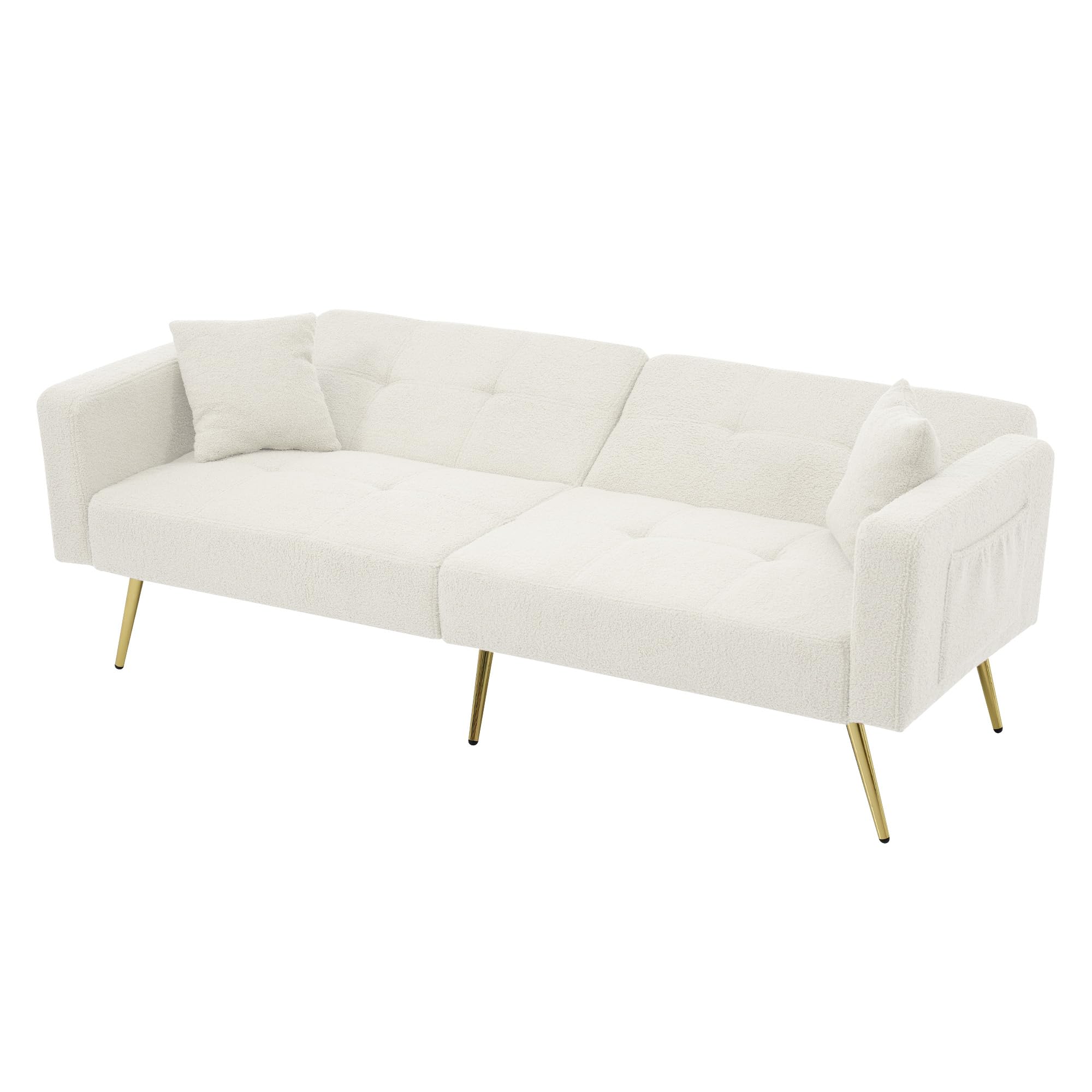 Divano letto con funzione letto, divano a 2 posti, angolo regolabile, gambe dorate, con cuscino e tasche laterali (bianco)