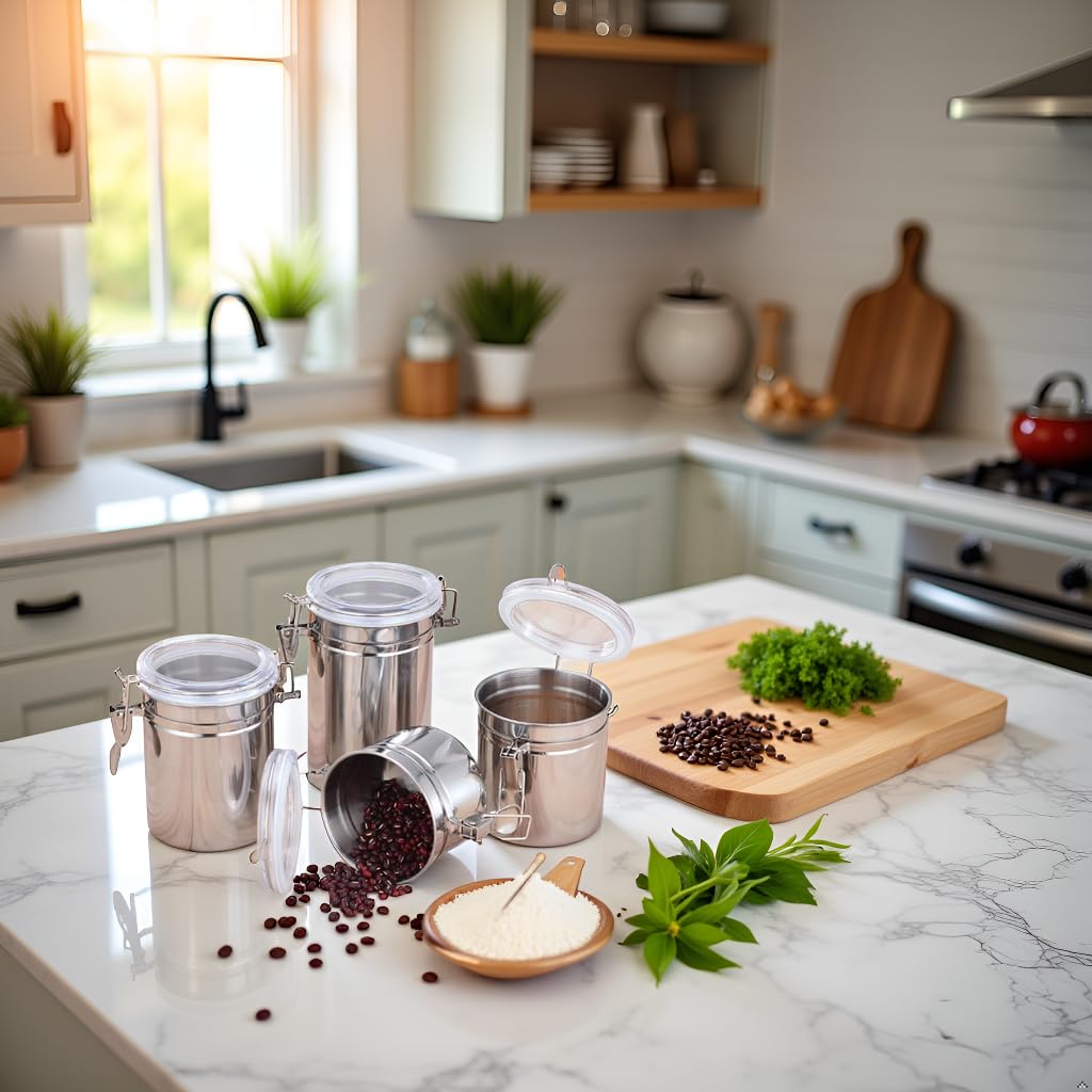 Set di 4 contenitori ermetici per alimenti in acciaio inox, con coperchio trasparente, set di contenitori da cucina per chicchi di caffè, cereali, zucchero, farina, tè, caramelle, biscotti