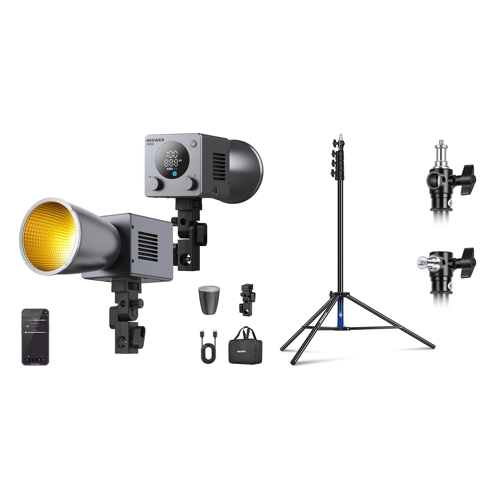 NEEWER HB60B 60W Mini LED Video Light with 50Wh Battery/100W PD Fast Charging APP/2.4G Control/NFC + 9.8ft/3m Air Cushioned Light Stand Tripod with 3 Way Mounting Interface Max Load 5.5lb/2.5kg