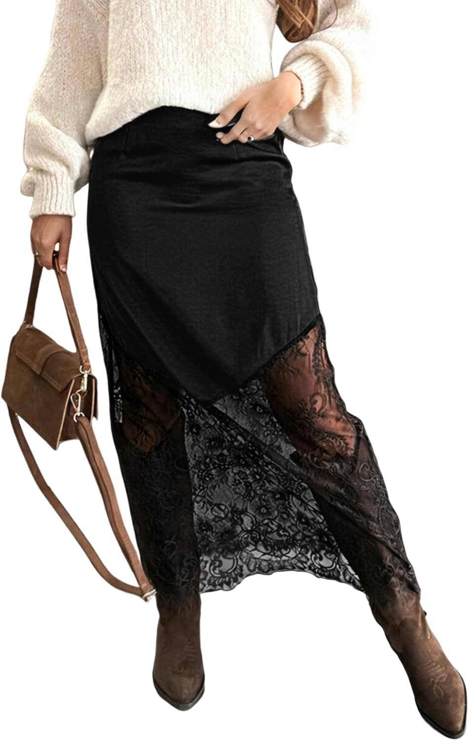 Women's High Waisted Lace Panel Maxi Skirt Trendy Sheer Mesh Long Work Skirt