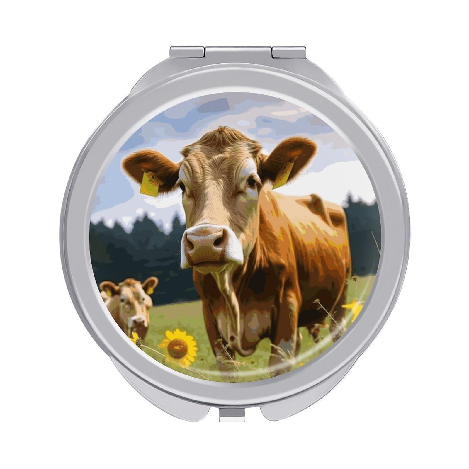 VstaDank Animal Brown Cow Compact Mirror for Purses Round Fashion Travel Makeup Mirror 2X /1x Magnifying Double Sides Mini Mirrors Portable Pocket Mirrors for Handbag Purse Women Gift