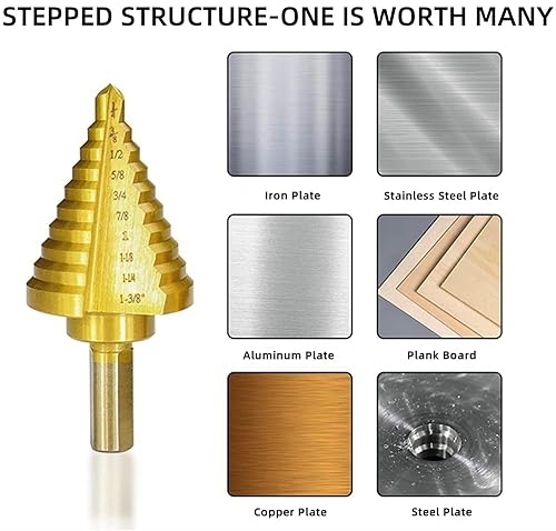 Miniatura 6 de Juego de 5 brocas escalonadas con punzón central automático, brocas de acero de titanio HSS de alta velocidad, 50 tamaños para metal, aluminio,