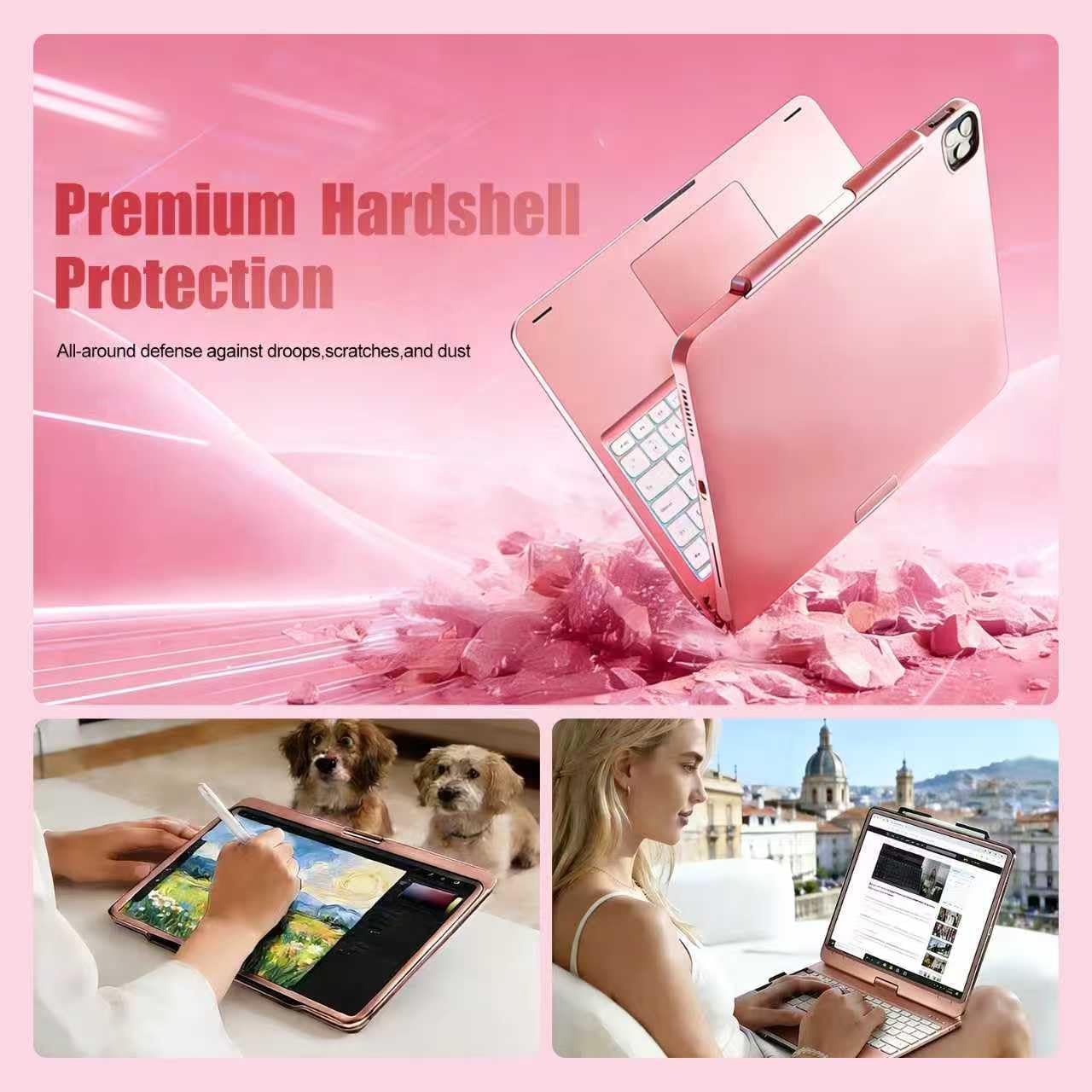 for iPad Pro 13 inch Case with Keyboard (M5/2025,M4/2024)& iPad Air 13 (M4/M3/M2) &iPad Pro 12.9 (6th/5th/4th/3rd Gen),360° Swivel &Rainbow Backlit with Pencil Holder-Metallic Pink