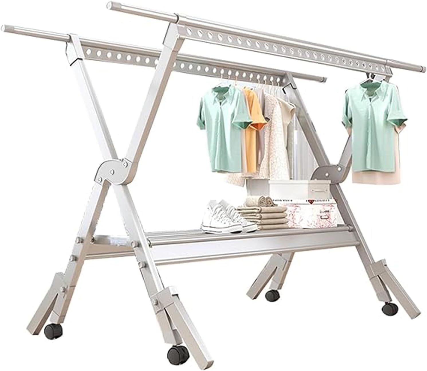 Clothes Drying Rack for Laundry, Aluminum Alloy Garment Rack Adjustable and Foldable Space Saving, Laundry Drying Rack for Indoor Outdoor Free Installed Hanger Rack Heavy Duty (Silver 230cm/