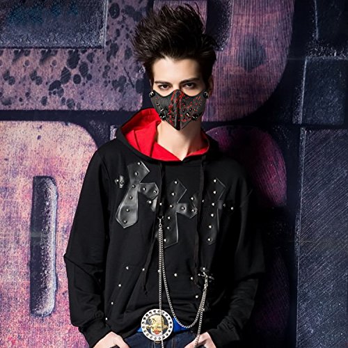 JewelryWe Motorrad Maske Gothic Punk Sturmmaske Skimaske Tarnmaske Half Face Gesicht Maske - Spike Spitze Nieten Schwarz Rot