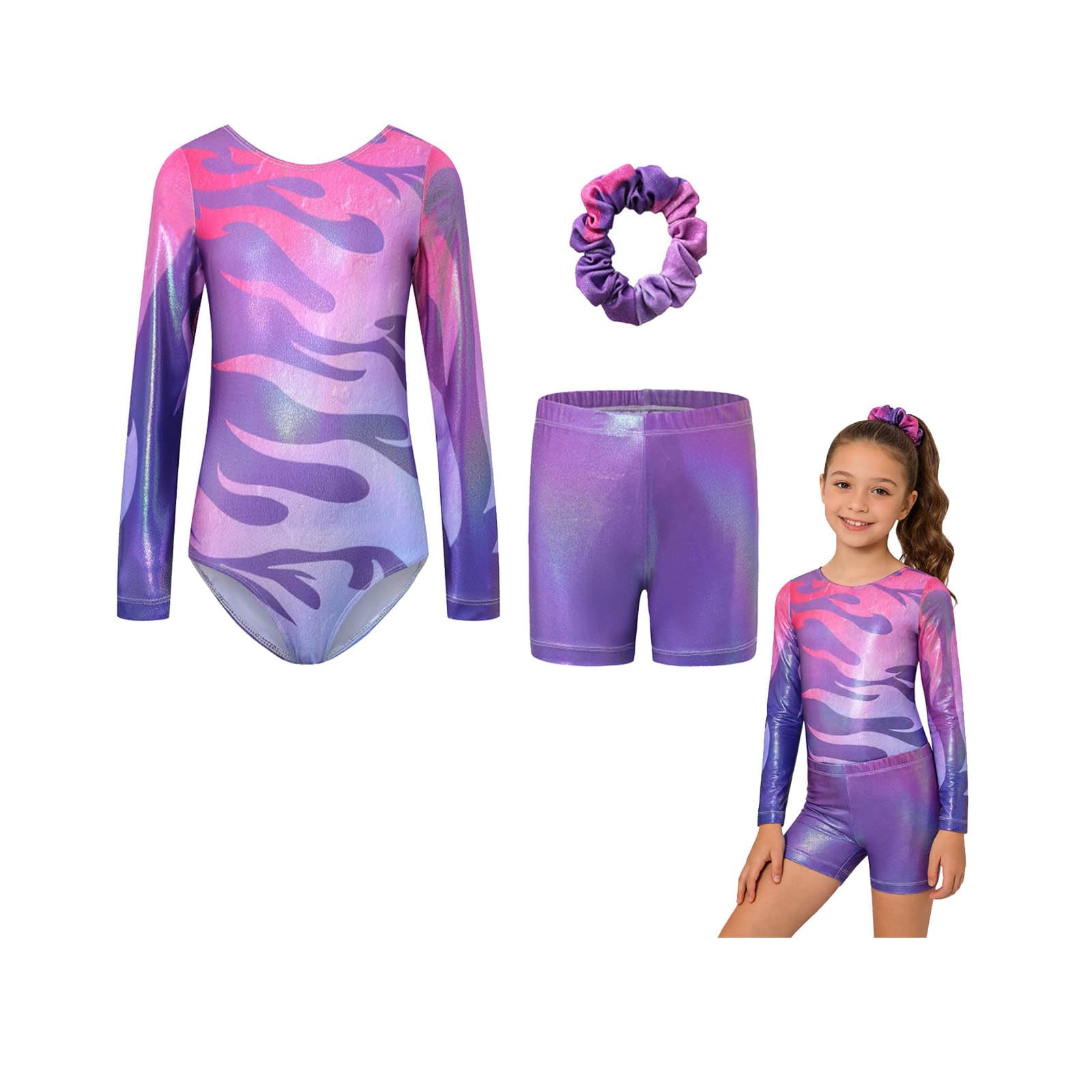 Mädchen Dreiteilige Gymnastikanzüge, Langärmliges Gymnastik Set mit Shorts und Haarband, Glitzernde Balletteinheitstrikots Gymnastik Outfit mit Farbverlaufdesign für 5-12 Jahre