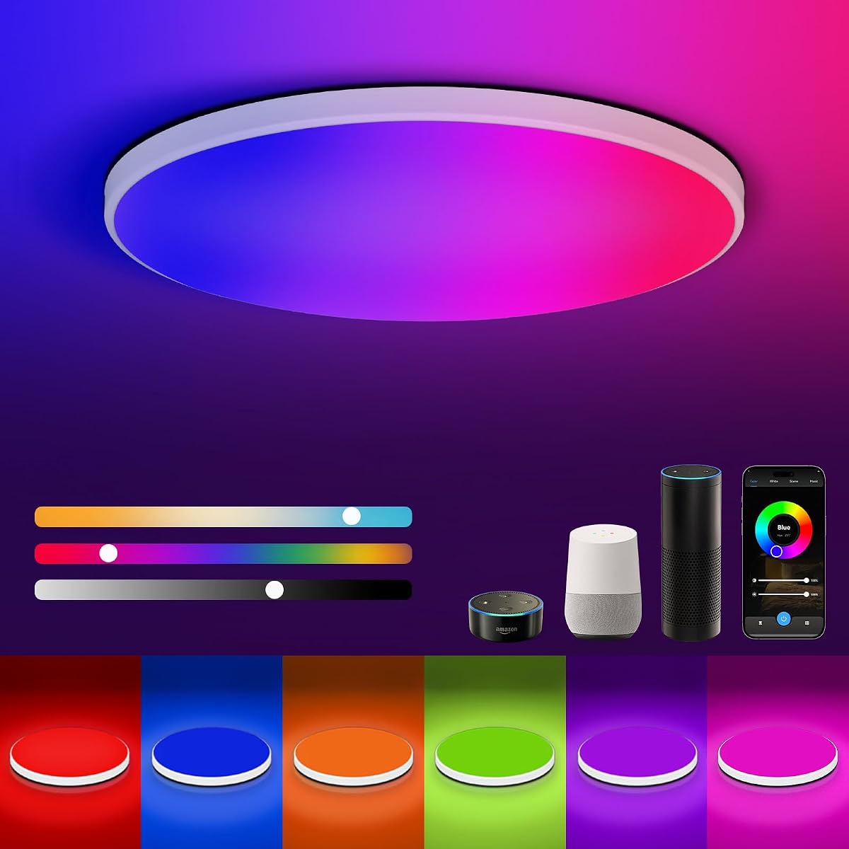 Smart LED Ceiling Light WiFi, 12inch RGB Flush Mount Ceiling Light Fixture, 16 Million DIY Colors, Compatible with Alexa Google Home, 3000K-6500K Ceiling Lights for Bedroom Living Room