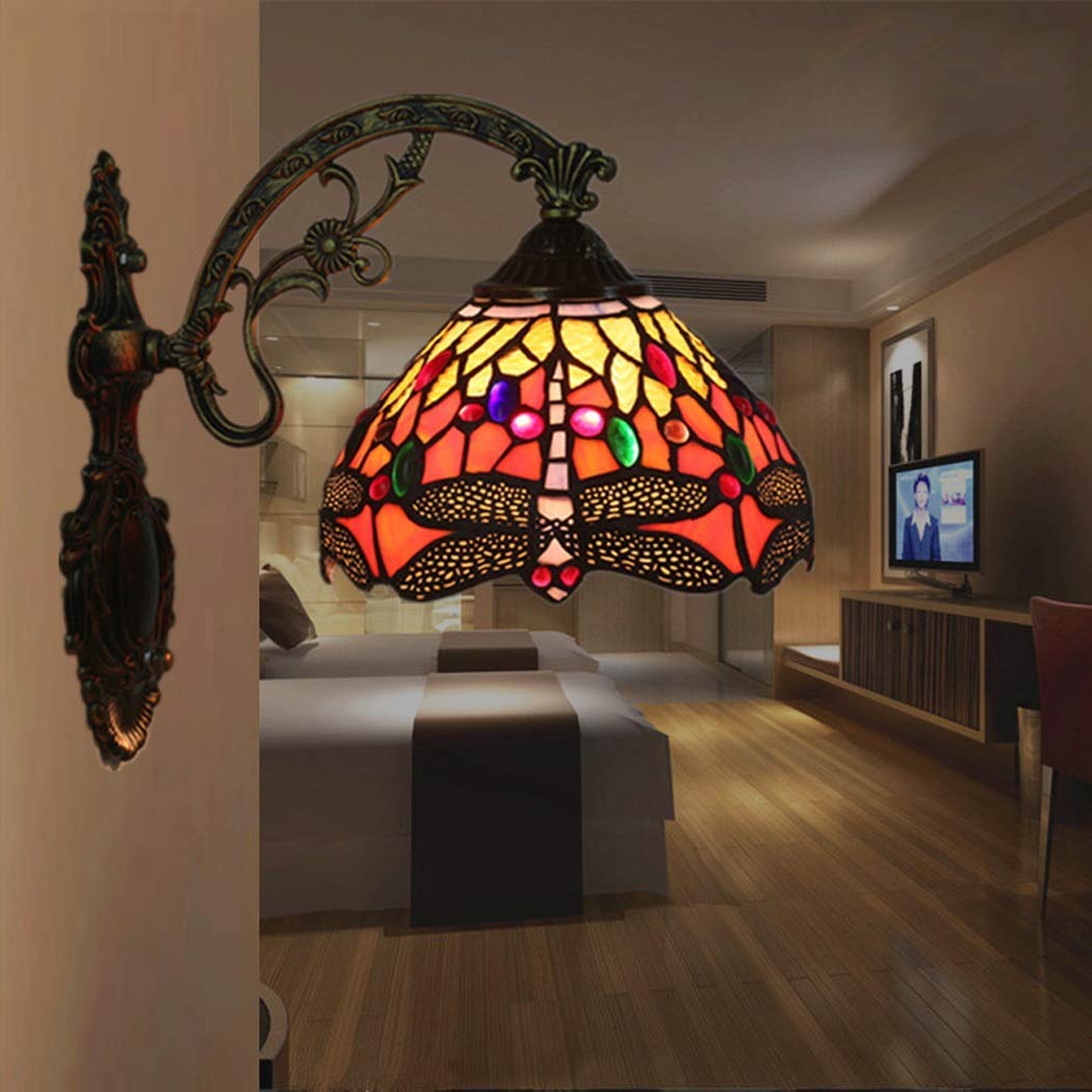 Kinkiety 8-calowe Tiffany Art Led Light Rood Dragonfly Lighting Ciepłe Lustro Przednia Lampa Do Korytarza Nawy Salon Sypialnia Kawiarnia