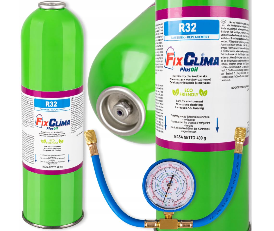 R32 Kit di Ricarica per Condizionatori – 400g Refrigerante di Ricambio PlusOil con Manometro e Tubo – Kit Fai-Da-Te per Condizionatori Domestici, Apparecchiature Split e Condizionatori Mobili