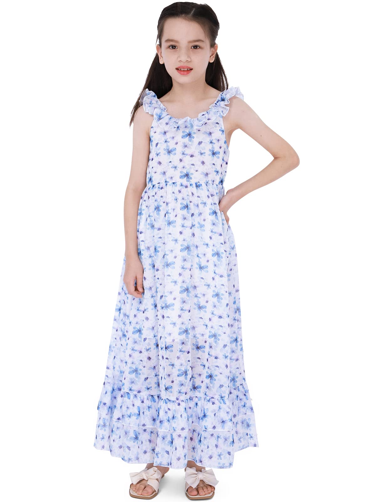 BONNY BILLY Sommerkleid Mädchen Trägerkleid Maxikleid Strandkleid Boho Kleid Chiffonkleid Blumenkleid Lang mit Rüschen