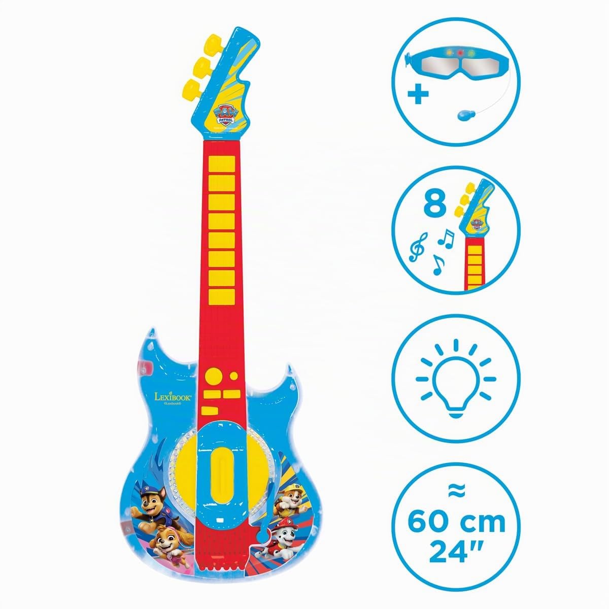 Lexibook Paw Patrol La Squadra dei Cuccioli Chitarra Elettronica illuminata con Microfono, Occhiali con Microfono, Canzoni Demo, MP3 Plug, Blu/Rosso, K260PALXB