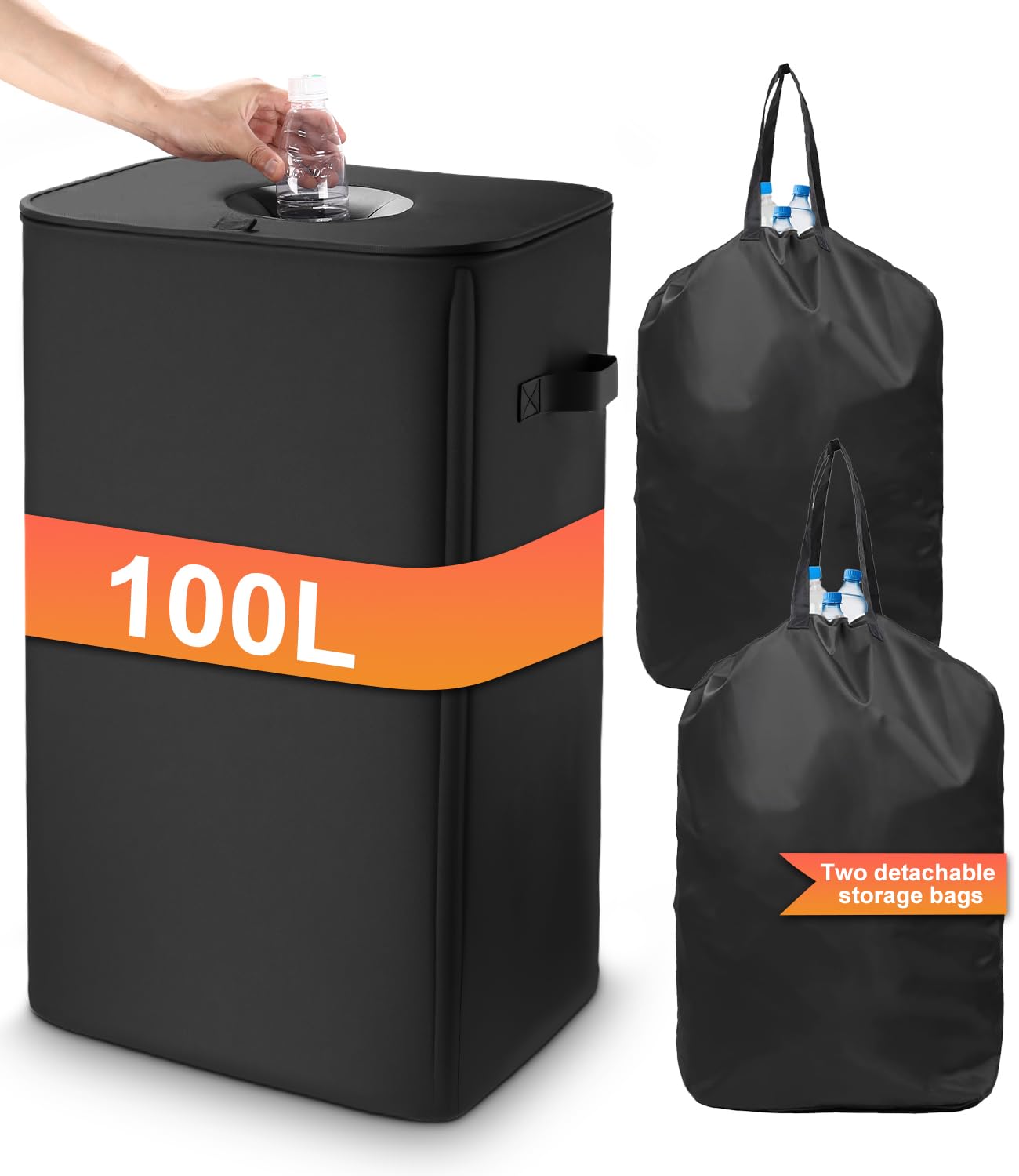 100L Contenedor para Recogida de Botellas, Botellas de Depósito con Tapa Colector de Botellas con Agujero con 2 Bolsas de Transporte, Colector de Botellas Vacías para Cocina/Trastero, Negro