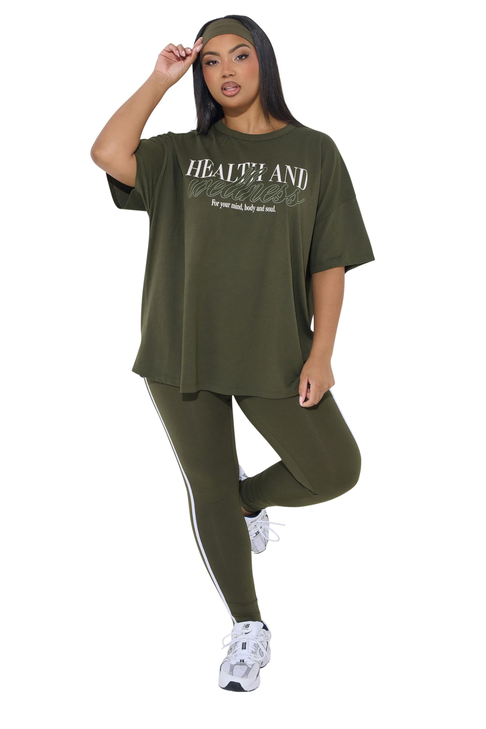 Yours Women's Khaki Active Curve Green Side Stripe Leggings - Plus Size Curve