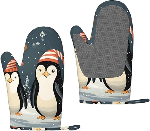 Silicone Oven Mitts Set of 2 Merry Christmas Penguins Kitchen Oven Mitt Gloves Heat Resistant Oven Gloves Non-Slip Grill Gloves for BBQ Cooking