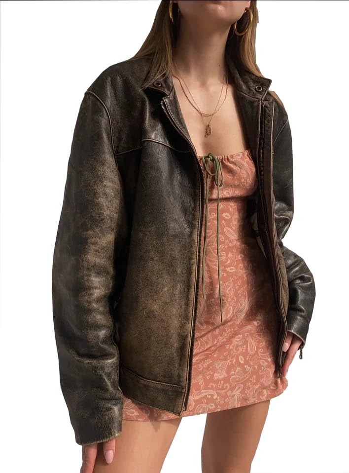 Women’s Vintage Oversized Patina Genuine Leather Biker Casual Wear Moto Jacket4