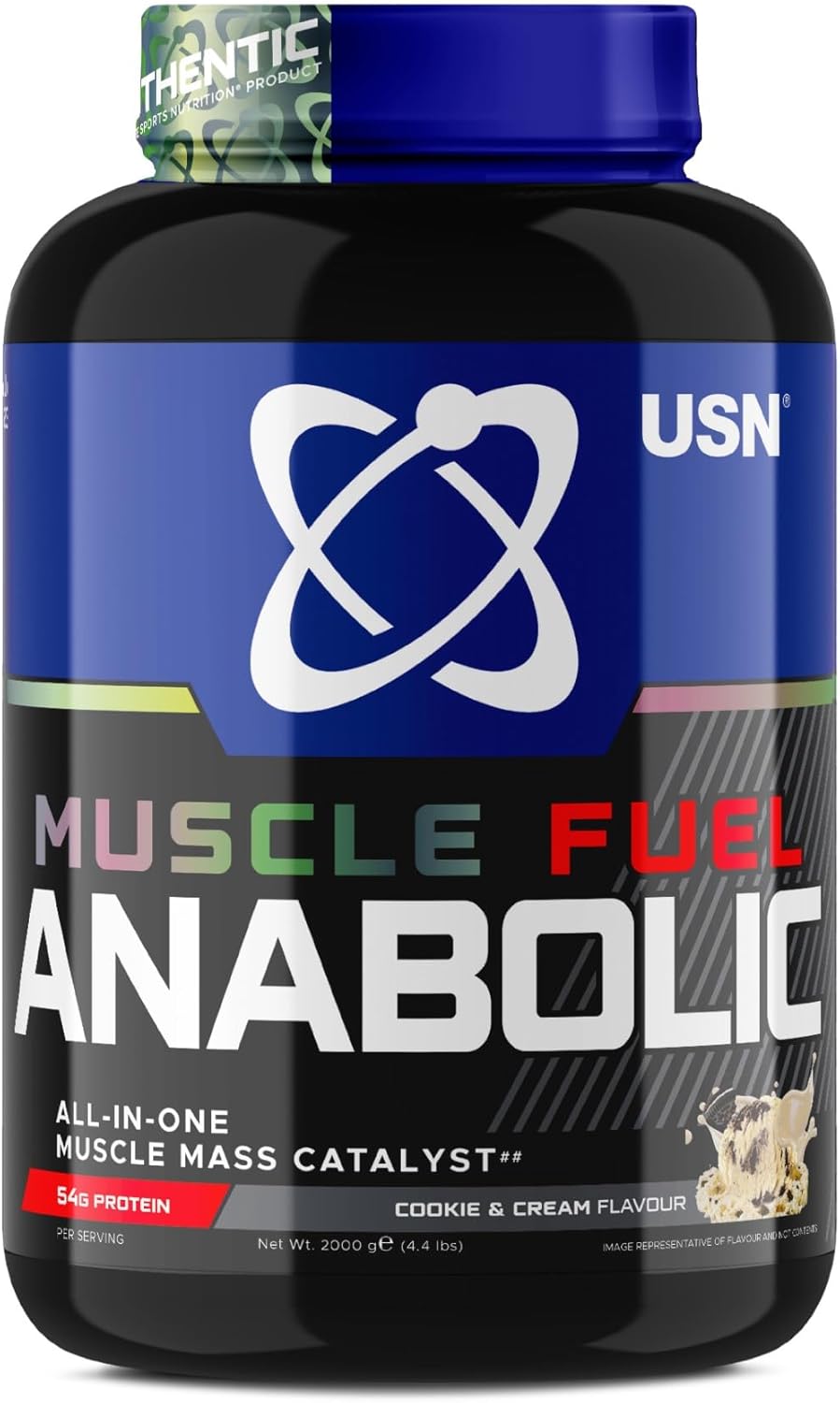 USN Muscle Fuel Anabolic All-In-One Muscle Mass Gainer, Cookies & Cream Flavour – 2kg, 54g Protein Powder, 5g Creatine Powder & 5g BCAAs For Maximum Muscle Growth, Post Workout Recovery Drink Mix