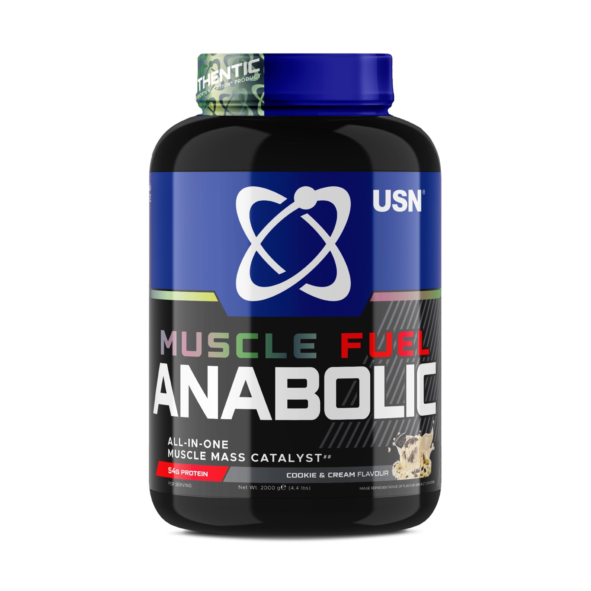 USNMuscle Fuel Anabolic All-In-One Muscle Mass Gainer, Cookies & Cream Flavour - 2kg, 54g Protein Powder, 5g Creatine Powder & 5g BCAAs For Maximum Muscle Growth, Post Workout Recovery Drink Mix