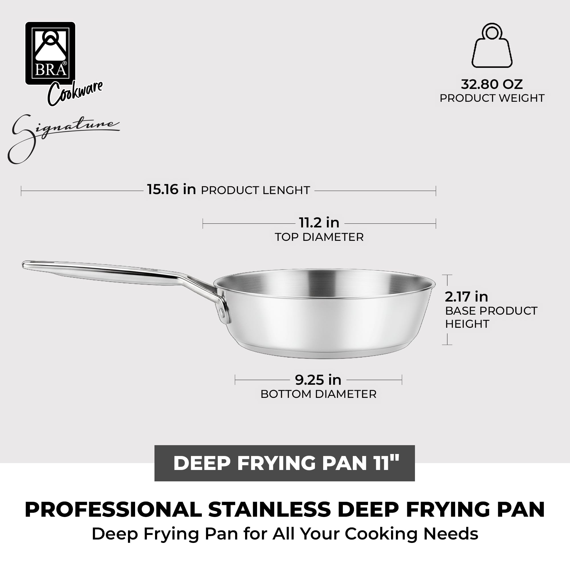 BRA Signature | Sartén honda 28 cm, Acero Inoxidable 18/10, Sin Antiadherente, Triple Fondo Difusor, Apto para todo tipo de Cocinas e Inducción