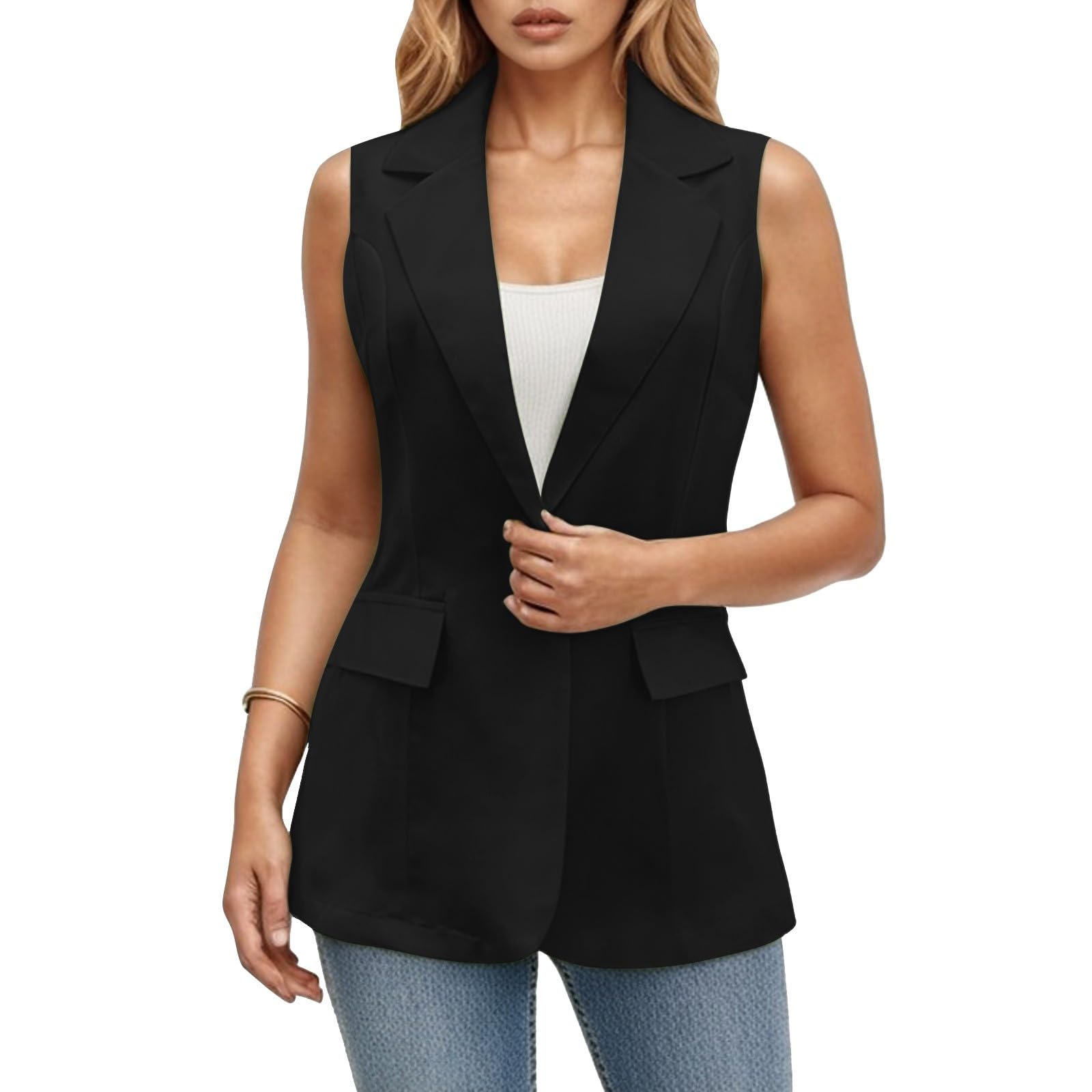 Fulidngzg Blazer Donna Senza Maniche con Apertura Frontale e Colletto, Tasche Smanicato Casual Leggero Cardigan Elegante Gilet Comode per Lavoro Case Cerimonia