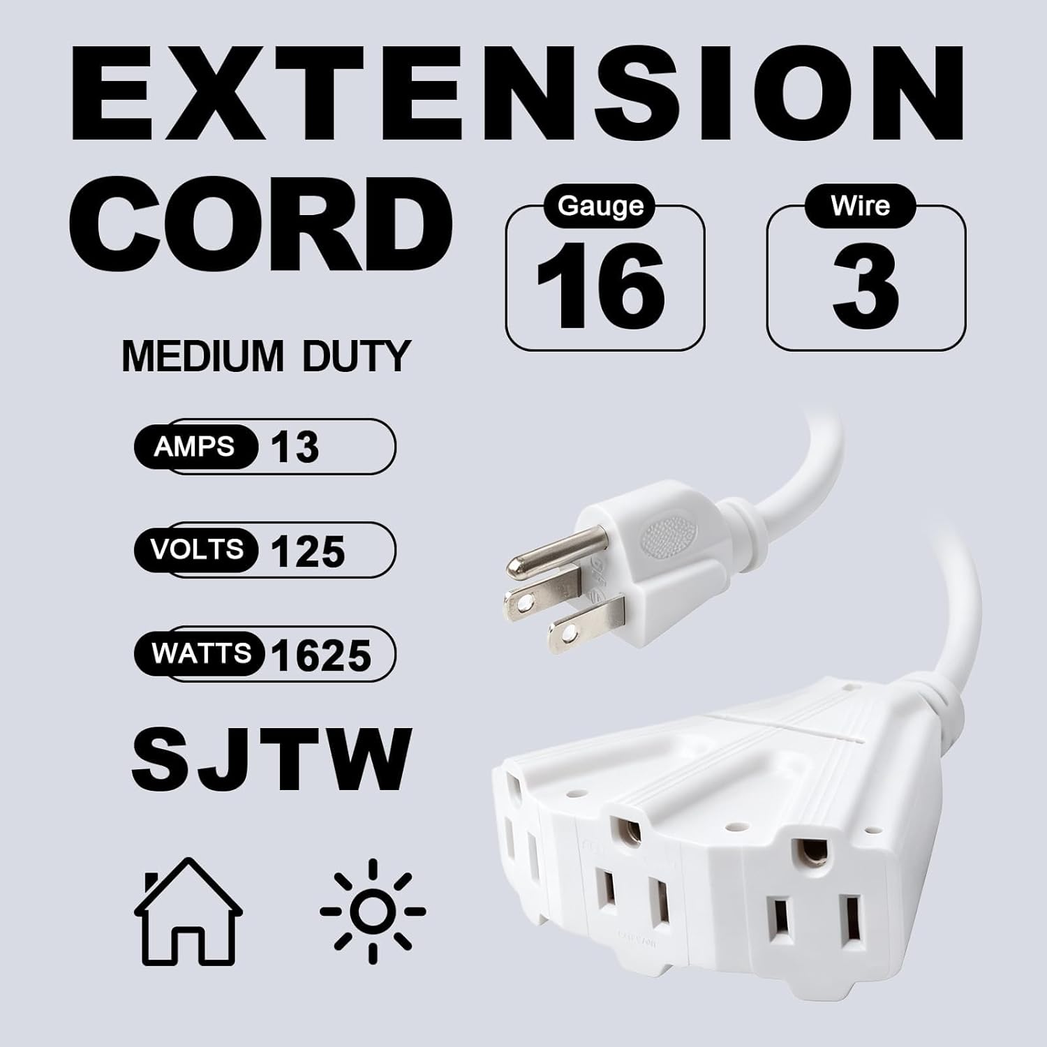 EP 50 Ft Outdoor Extension Cord with 3 Electrical Power Outlets - 16/3 SJTW White Cable with 3 Prong Grounded Plug for Safety Great for Christmas Lights, Garden and Major Appliances