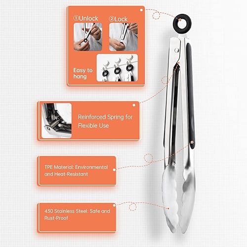 Miniatura 3 de Pinzas de cocina de 9 y 12 pulgadas, pinzas de metal de acero inoxidable, pinzas de cocina, para cocinar barbacoa, parrilla, servir buffet (9 + 12
