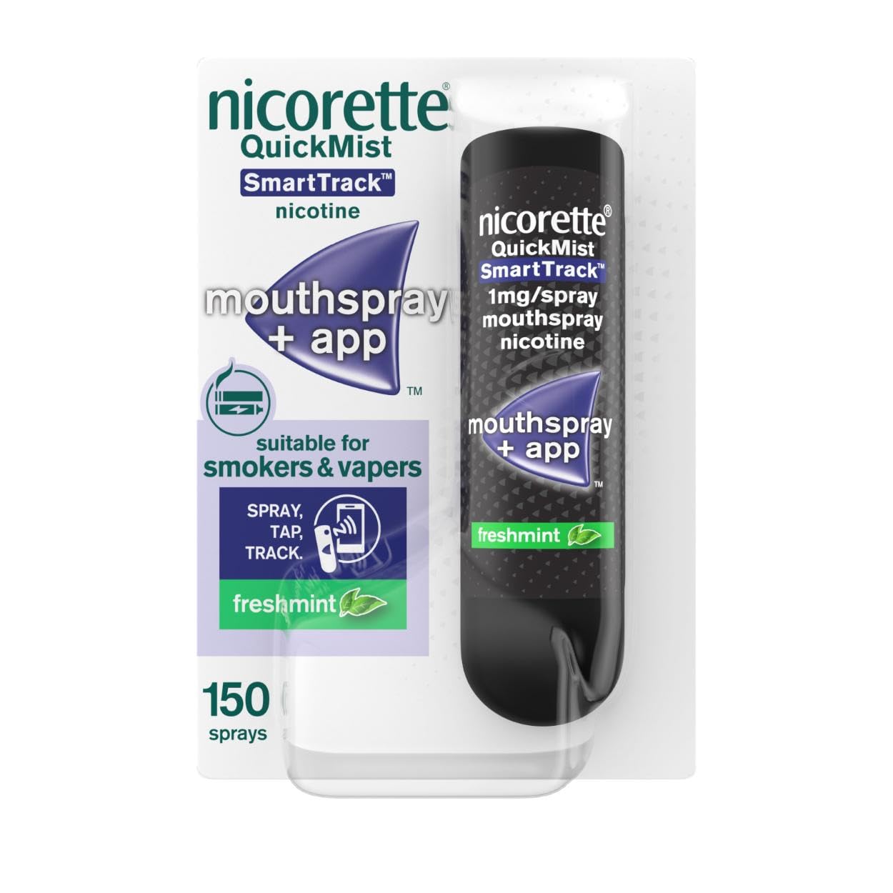 Nicorette QuickMist SmartTrack Mouthspray (1 x 150 Sprays), Freshmint, Quit Vaping or Quit Smoking Aid designed to start reducing cravings in 30 Seconds, Smoking or Vaping Cessation Aid